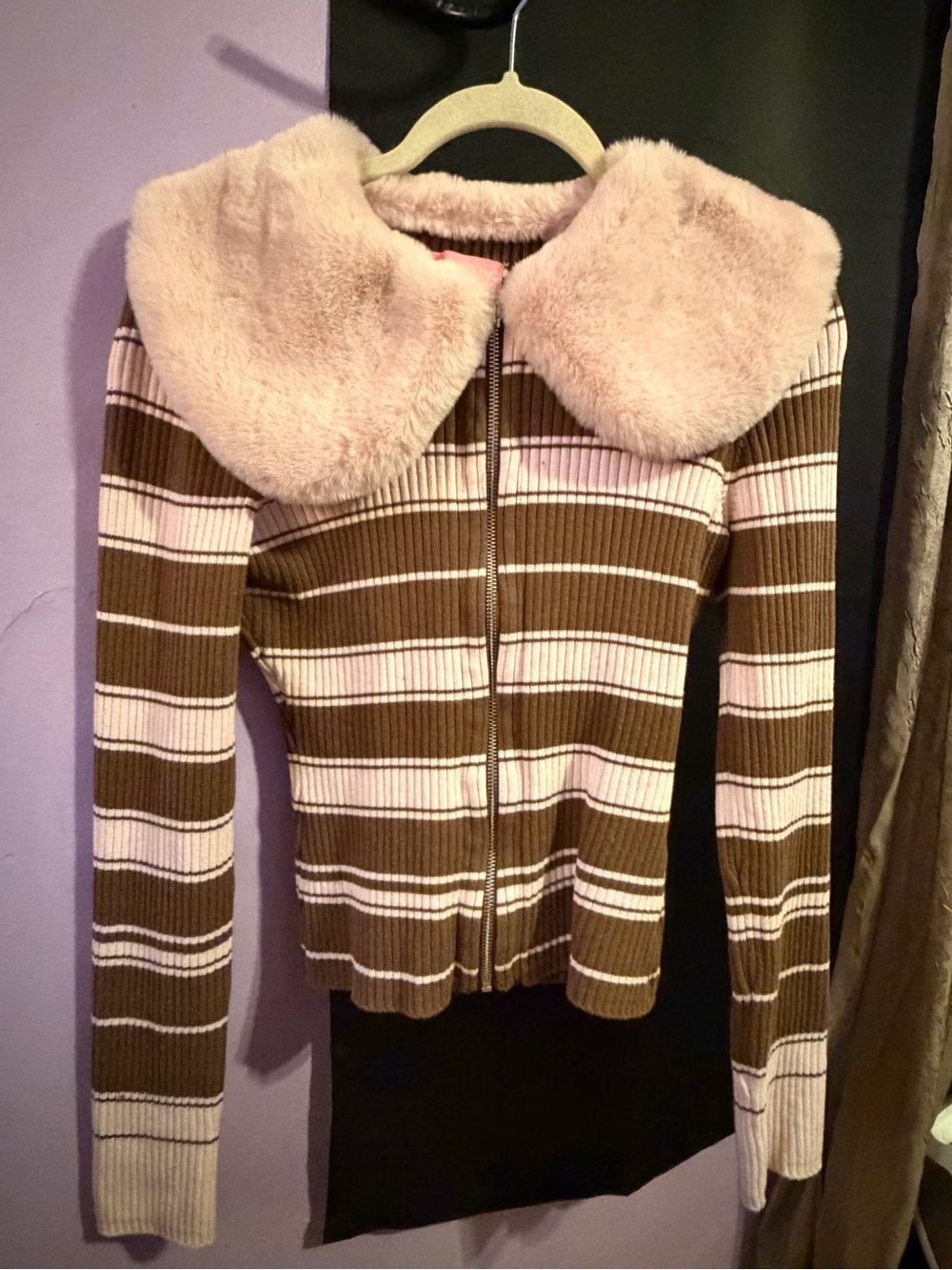 Sugar Thrillz Faux Fur Collar Striped Zip-Up Jacket - Pink & Brown size Md/Large - Picture 4 of 9